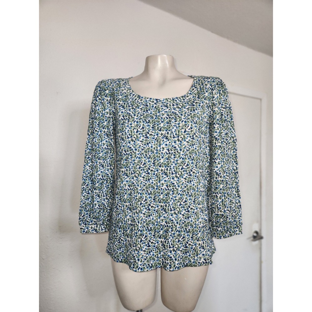 Style & Co NEW Womens Floral Ribbed‎ Scoop Neck 3/4 Sleeve Top Blue Green XS